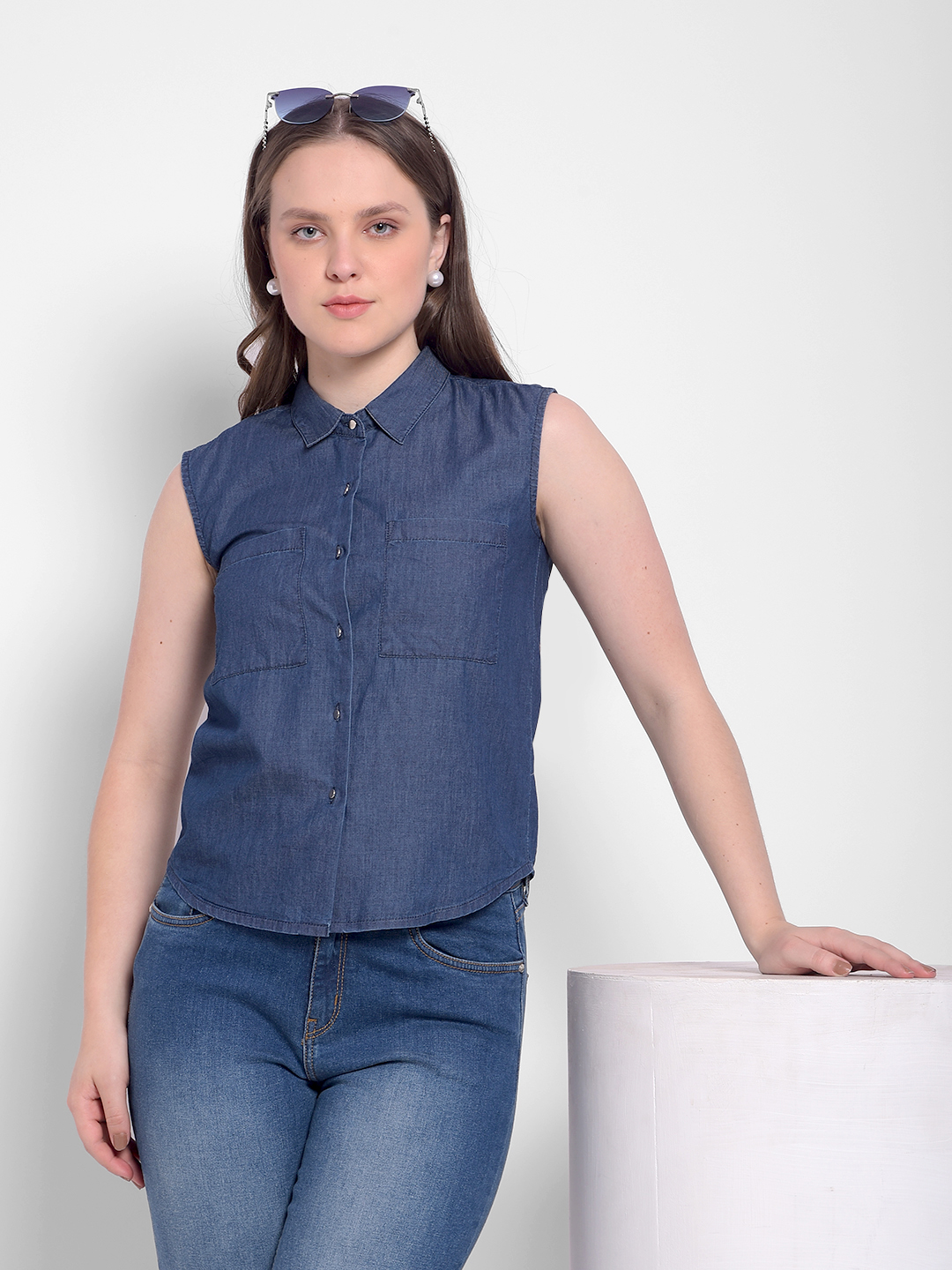 Numero Uno Women Sleeveless Denim Shirt